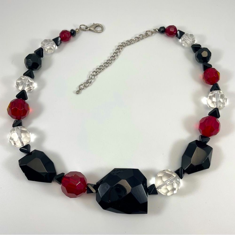 Bold Chunky Black Red Glass Beaded Silver Tone Statement Necklace Boho Jewelry